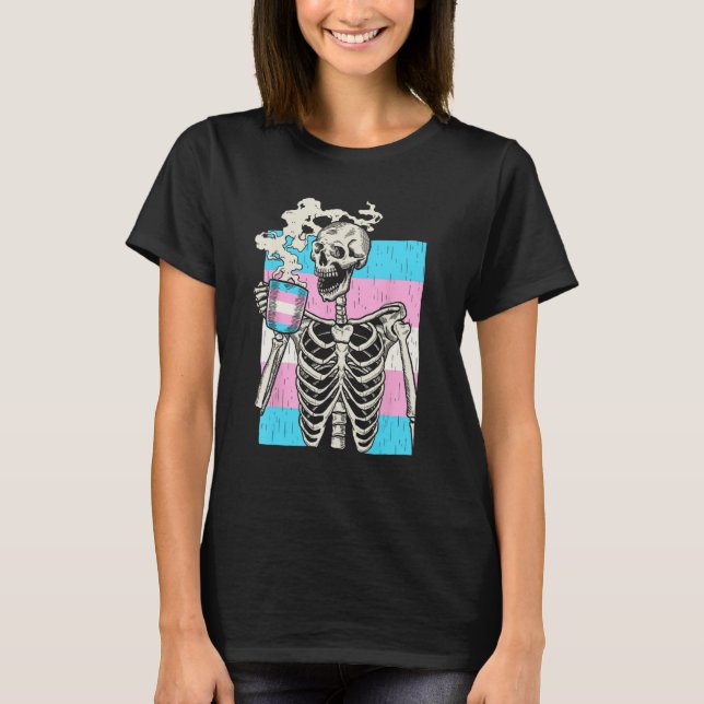 Skeleton Drinking Coffee LGBT Q Transgender Pride  T-Shirt (Front)