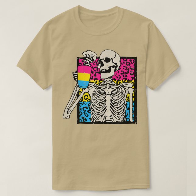 Skeleton Drinking Coffee LGBTQ Panseual Leopard Pr T-Shirt (Design Front)