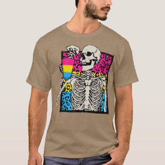 Skeleton Drinking Coffee LGBTQ Panseual Leopard Pr T-Shirt