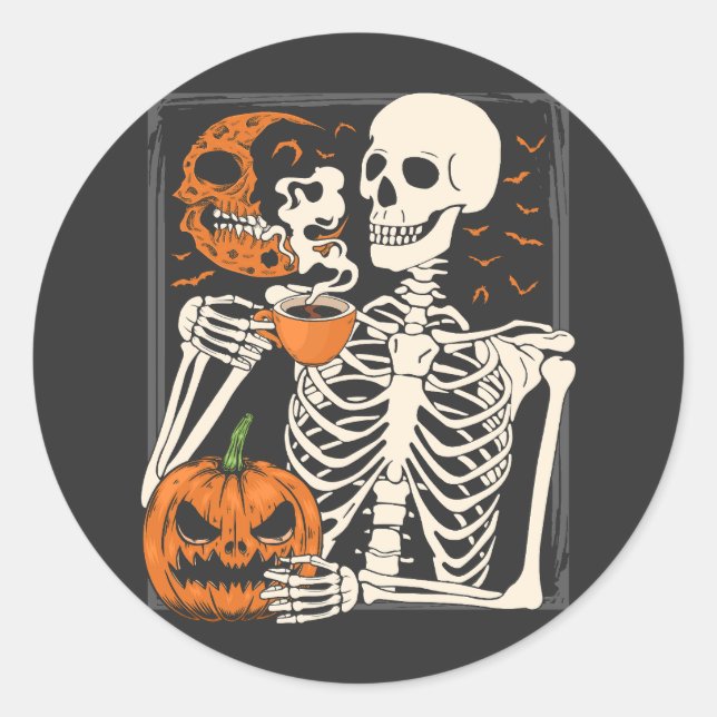 Skeleton Drinking Coffee Lover Halloween Skull Classic Round Sticker (Front)