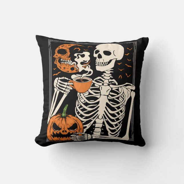 Skeleton Drinking Coffee Lover Halloween Skull Cushion (Front)