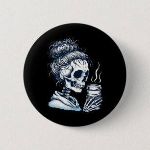 Skeleton Drinking Coffee Messy Bun Women Halloween 6 Cm Round Badge