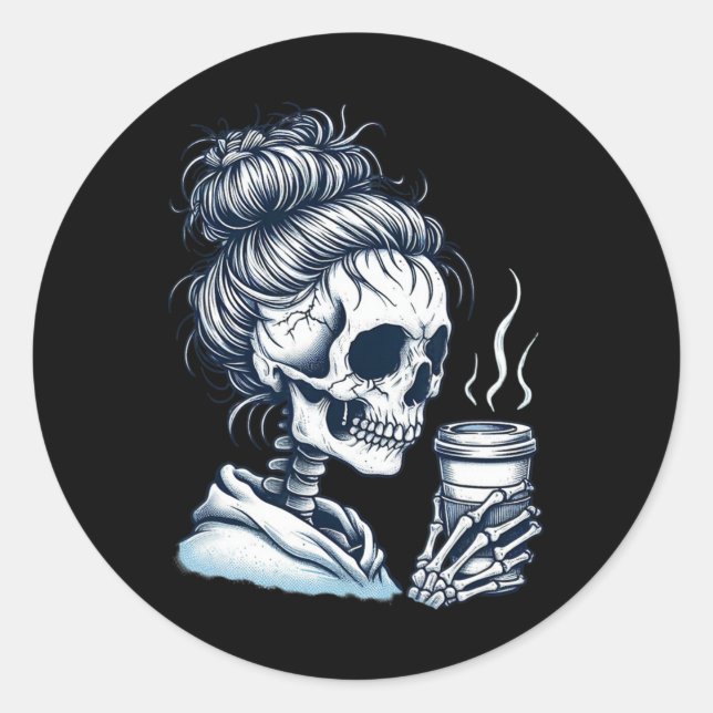 Skeleton Drinking Coffee Messy Bun Women Halloween Classic Round Sticker (Front)