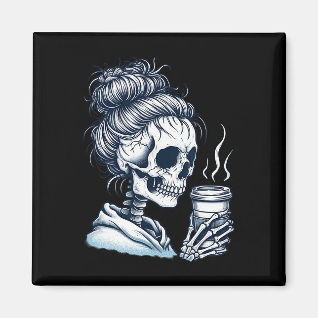 Skeleton Drinking Coffee Messy Bun Women Halloween Magnet (Front)
