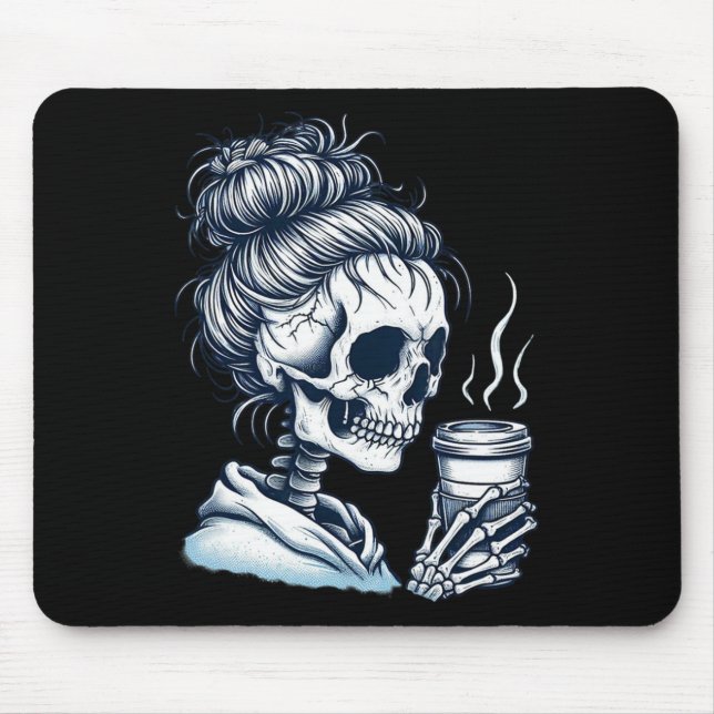 Skeleton Drinking Coffee Messy Bun Women Halloween Mouse Pad (Front)