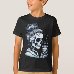 Skeleton Drinking Coffee Messy Bun Women Halloween T-Shirt