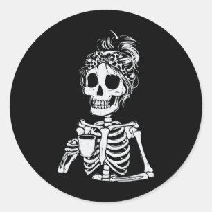 Skeleton Drinking Coffee Skull Funny Halloween Wom Classic Round Sticker
