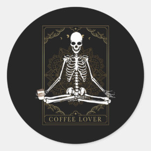 Skeleton Drinking Coffee Smiling Skull Tarot Card Classic Round Sticker