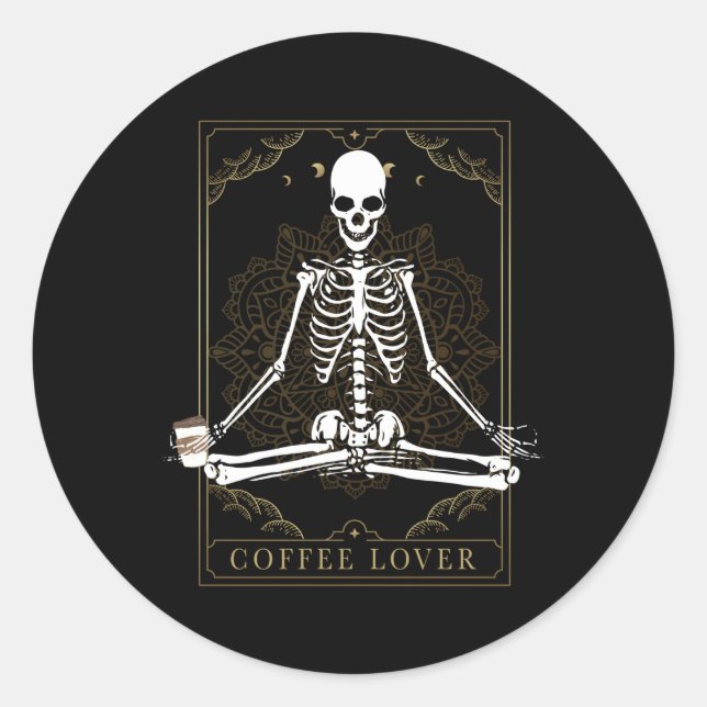 Skeleton Drinking Coffee Smiling Skull Tarot Card Classic Round Sticker (Front)