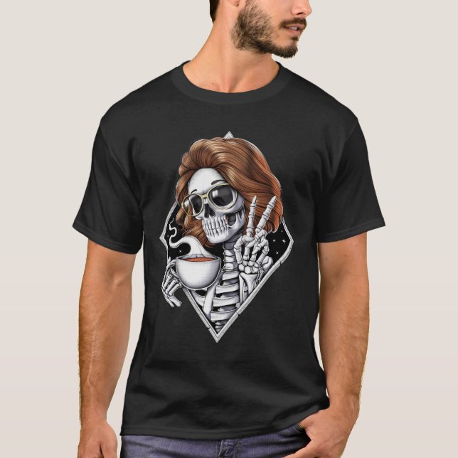 Skeleton Drinking Coffee T-Shirt (Front)