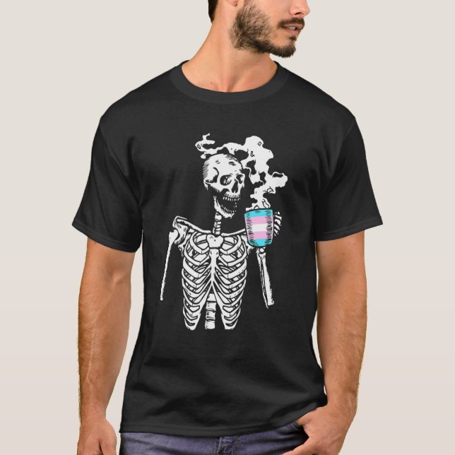 Skeleton Drinking Coffee Trans Gender Pride Skull  T-Shirt (Front)