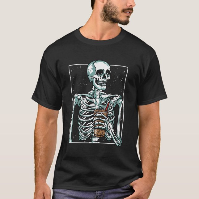 Skeleton Drinking Iced Coffee Halloween T-Shirt (Front)