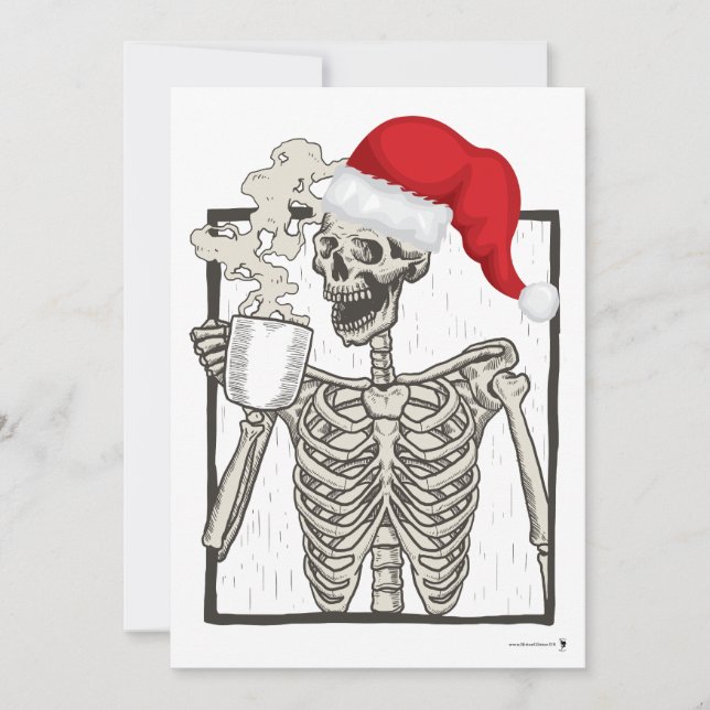 Skeleton Drinking & Wearing a Santa Hat Holiday Card (Front)