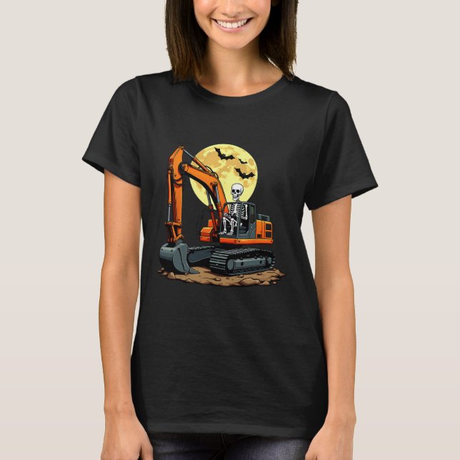 Skeleton Driving Excavator Halloween Construction  T-Shirt (Front)