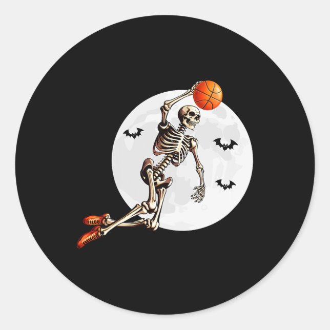 Skeleton Dunk Basketball Player Halloween Moon  Classic Round Sticker (Front)