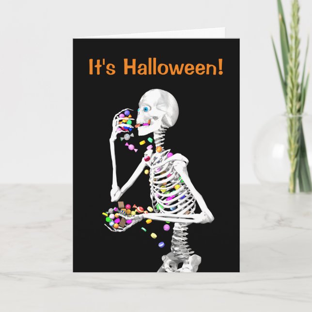 Skeleton Eating Halloween Candy Card (Front)