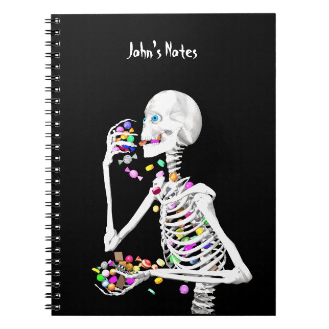 Skeleton Eating Halloween Candy Spiral Notebook (Front)