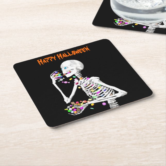 Skeleton Eating Halloween Candy Square Paper Coaster (Angled)