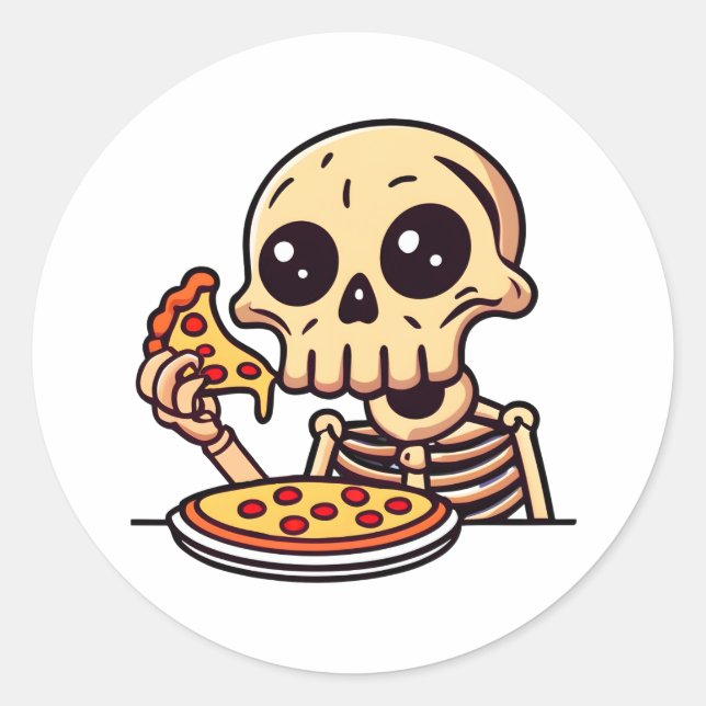 Skeleton Eating Pizza Cartoon Classic Round Sticker (Front)