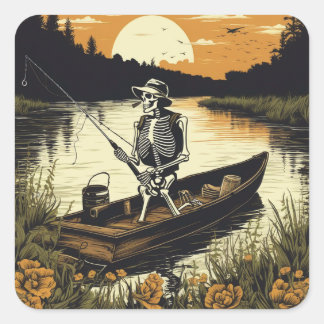 Skeleton Fishing On The River Countryside Vintage Square Sticker