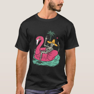 Skeleton Flamingo Float Vacation Beach Drink Retro T-Shirt