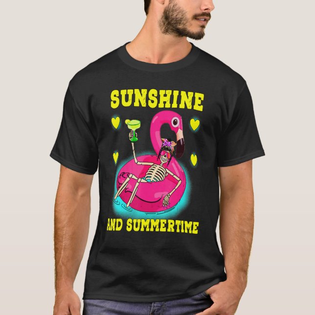 Skeleton Flamingo Floatie Summertime Summer Pool L T-Shirt (Front)