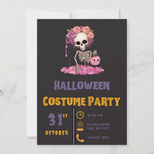 Skeleton Flower Crown of Roses Black Halloween Invitation