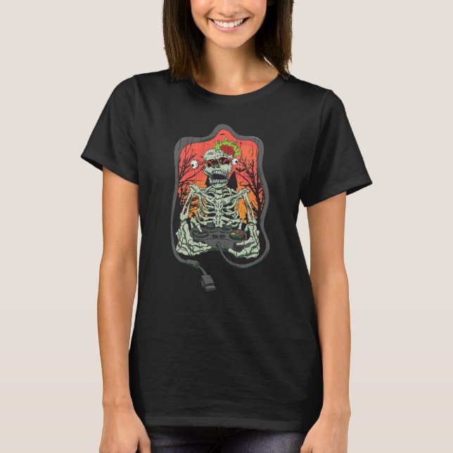 Skeleton Gamer Distress Women Scary Halloween Part T-Shirt (Front)