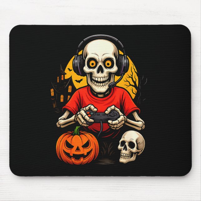 Skeleton Gamer Playing Video Games Halloween Spook Mouse Pad (Front)