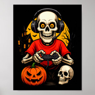 Skeleton Gamer Playing Video Games Halloween Spook Poster