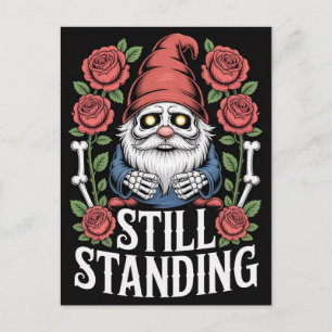 Skeleton garden gnome with roses and text postcard