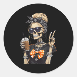Skeleton Girl Drinking Coffee Peace Sign Graphic F Classic Round Sticker