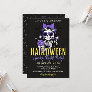 Skeleton Girl Halloween Spooky Night Party Purple Invitation