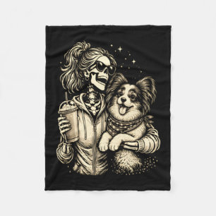 Skeleton Girl Hugging Papillon Dog Cute Coffee Fleece Blanket