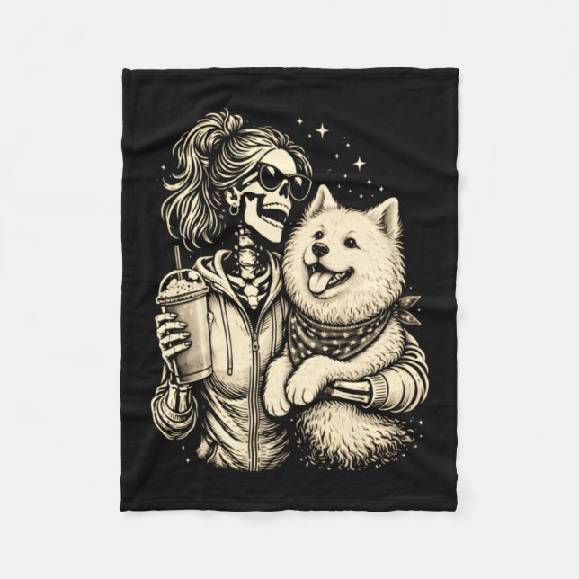 Skeleton Girl Hugging Samoyed Cute Coffee Gothic Fleece Blanket (Front)