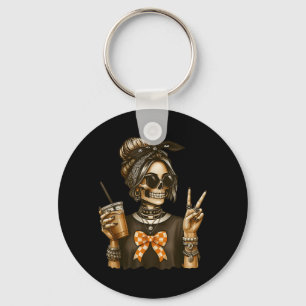 Skeleton Girl Rock Style with Drink and Peace Sign Key Ring
