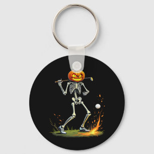 Skeleton Golf Funny Halloween Pumpkin Golfing Golf Key Ring