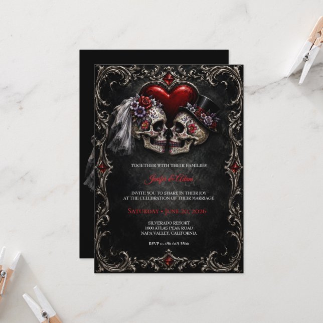 Skeleton Gothic Halloween Wedding Invitation (Front/Back In Situ)