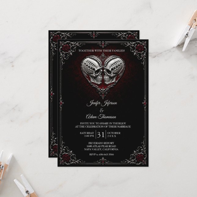 Skeleton Gothic Halloween Wedding Invitation (Front/Back In Situ)