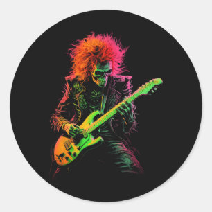 Skeleton Graphic Tee Playing Guitar Rock Band Hall Classic Round Sticker