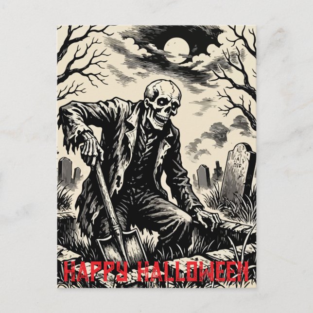 Skeleton Gravedigger Holiday Postcard (Front)