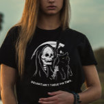 Skeleton Grim Reaper Holding Cat Funny Cat Lover T-Shirt<br><div class="desc">Celebrate the single life this Valentine's Day. It's the ultimate funny and sarcastic nod to solo celebrations. As a proud cat mum or cat dad, this ironic shirt is your ticket to a purrfectly rebellious Valentine's. Embrace the humour, revel in the irony, and wear your single status with pride. It's...</div>