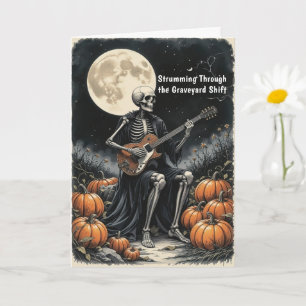 Skeleton Guitarist Under Full Moon with Pumpkins  Card