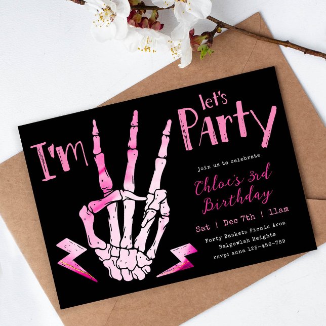 Skeleton Halloween 3, Girls Third Birthday Invitation (Creator Uploaded)