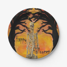 Skeleton Halloween and spooky trees party plates.