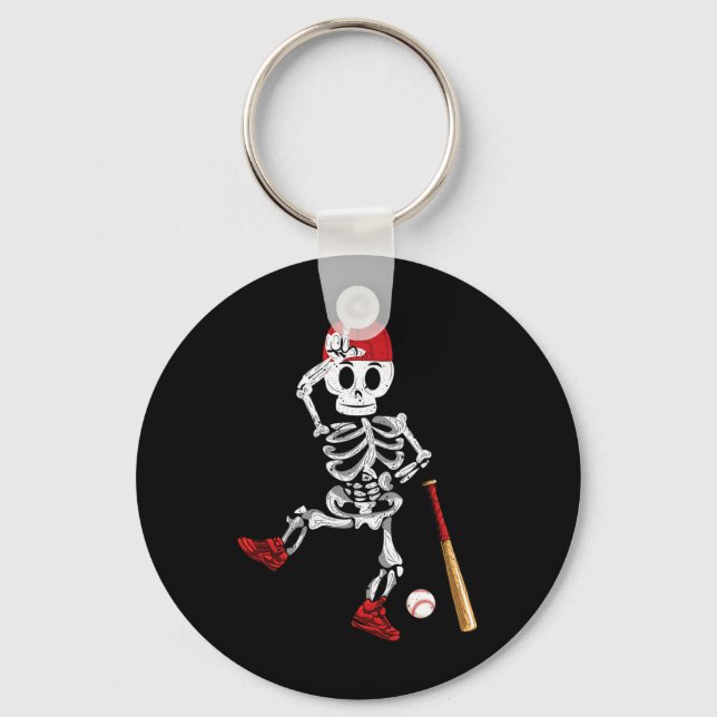 Skeleton Halloween Funny Skeleton Baseball Playing Key Ring (Front)