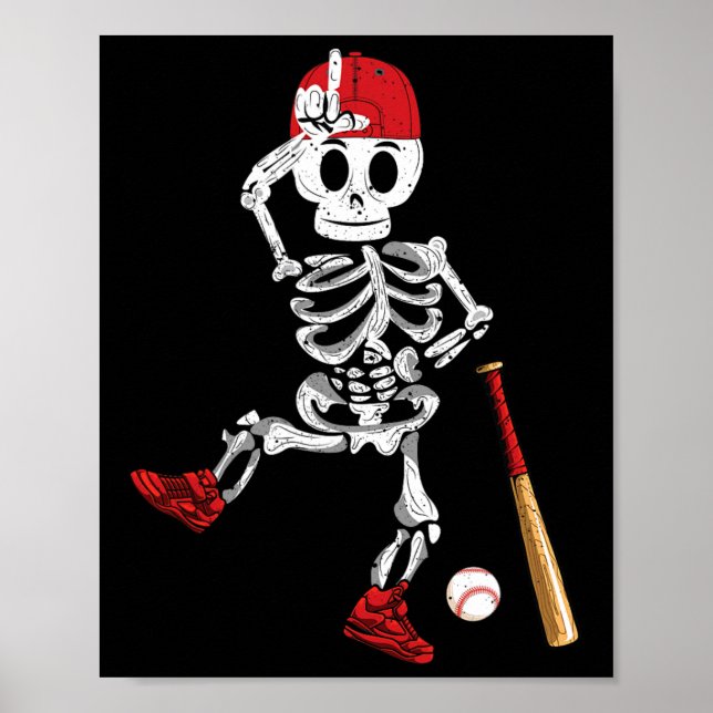 Skeleton Halloween Funny Skeleton Baseball Playing Poster (Front)