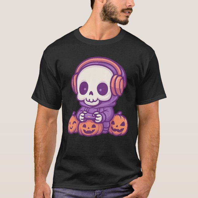 Skeleton Halloween Skull Gamer Spooky Pumpkin game T-Shirt (Front)