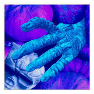 Skeleton hand fingers reach for Halloween skull Poster