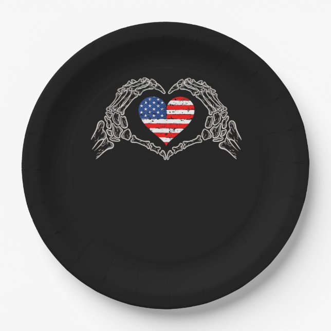 Skeleton Hand Heart 4th Of American Flag Patriotic Paper Plate (Front)
